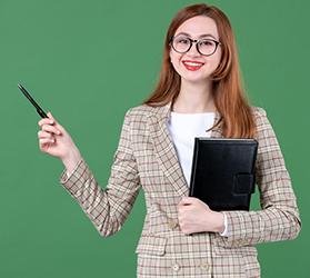 A professionally dressed woman with a notebook